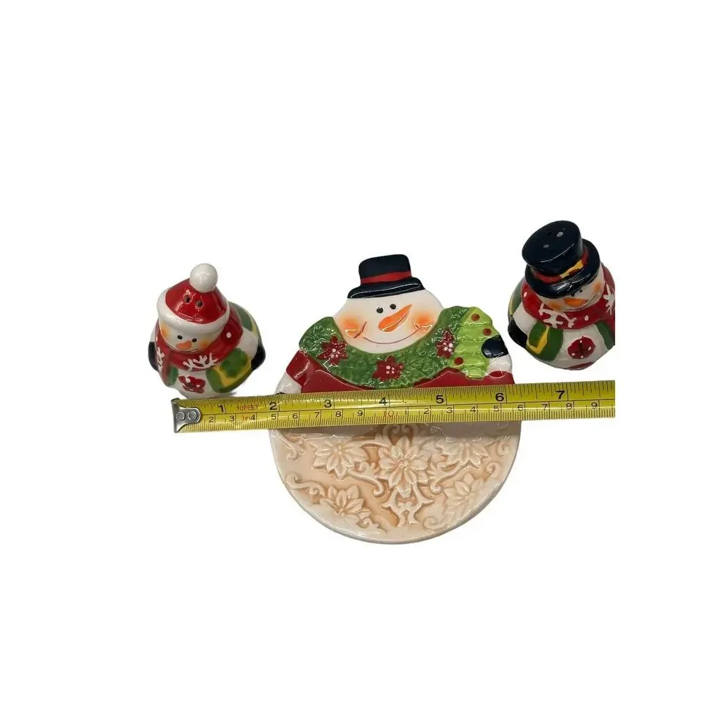 Snowman Salt and Pepper Shaker Set of 3 w/Tray Ceramic Christmas Holiday Decor